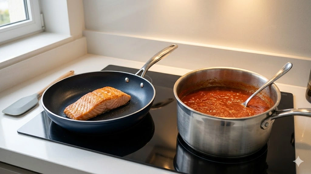 Close-up de salmão grelhando em uma frigideira antiaderente azul-marinho ao lado de molho de tomate fervendo em uma panela de aço inox.