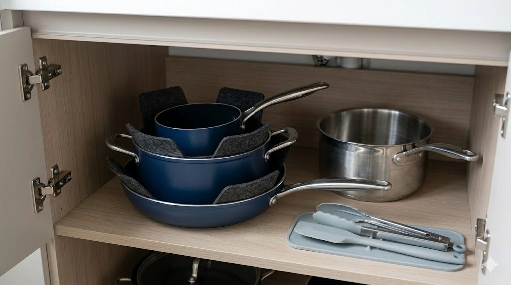 Panelas de alumínio azul-marinho fosco empilhadas ordenadamente dentro de um armário inferior, separadas por protetores de feltro cinza para evitar arranhões.