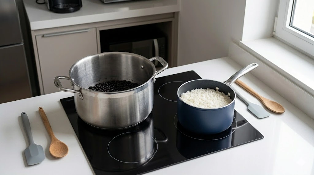 Uma caçarola gigante de 28cm ocupando muito espaço no cooktop ao lado de uma panela média de 18cm cozinhando uma porção individual de arroz em uma cozinha pequena.
