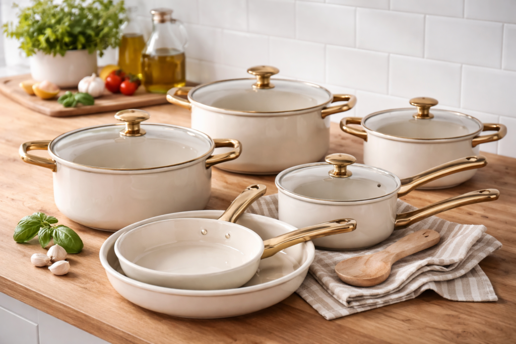 Conjunto de panelas elegantes de cerâmica