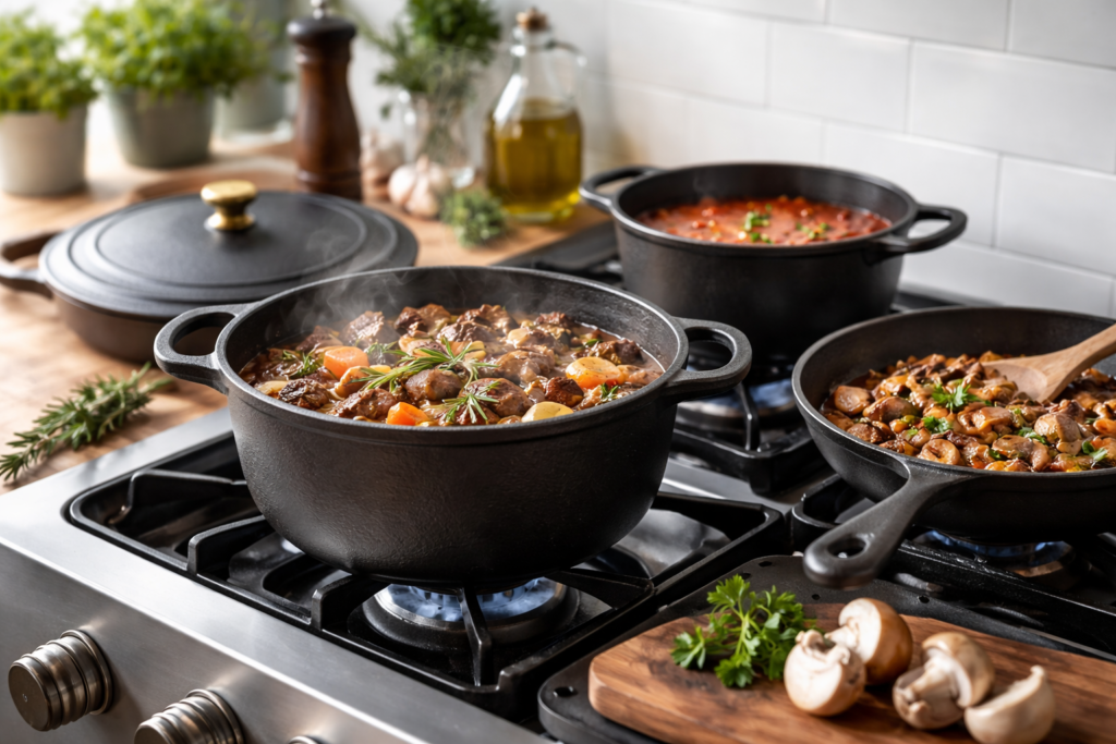cozinha moderna com panela de ferro.