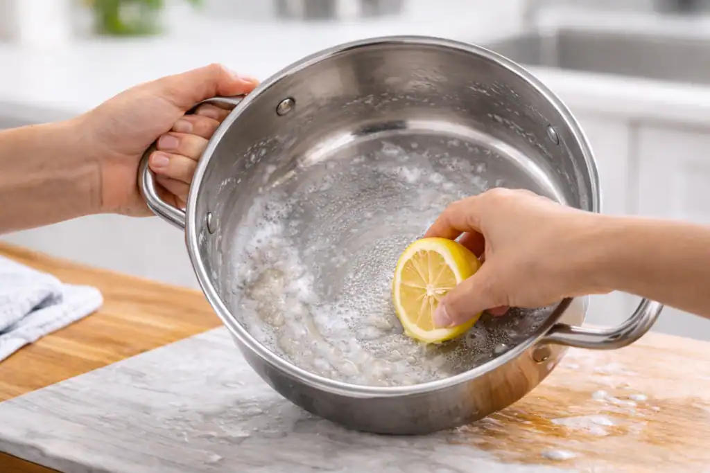 panela de inox sendo esfregada com limão