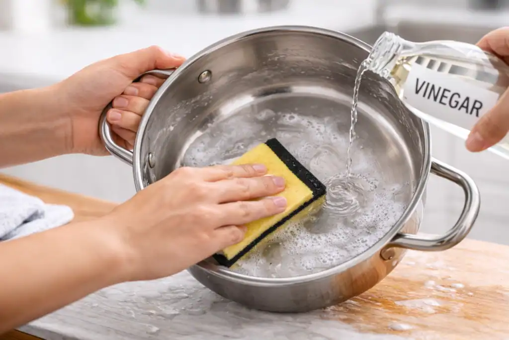 panela de inox sendo limpa com vinagre e esponja macia.