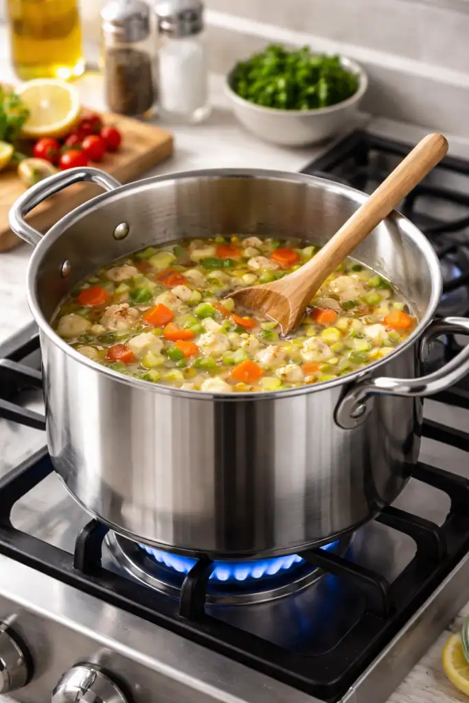 panela de inox sendo usada para cozinhar alimentos