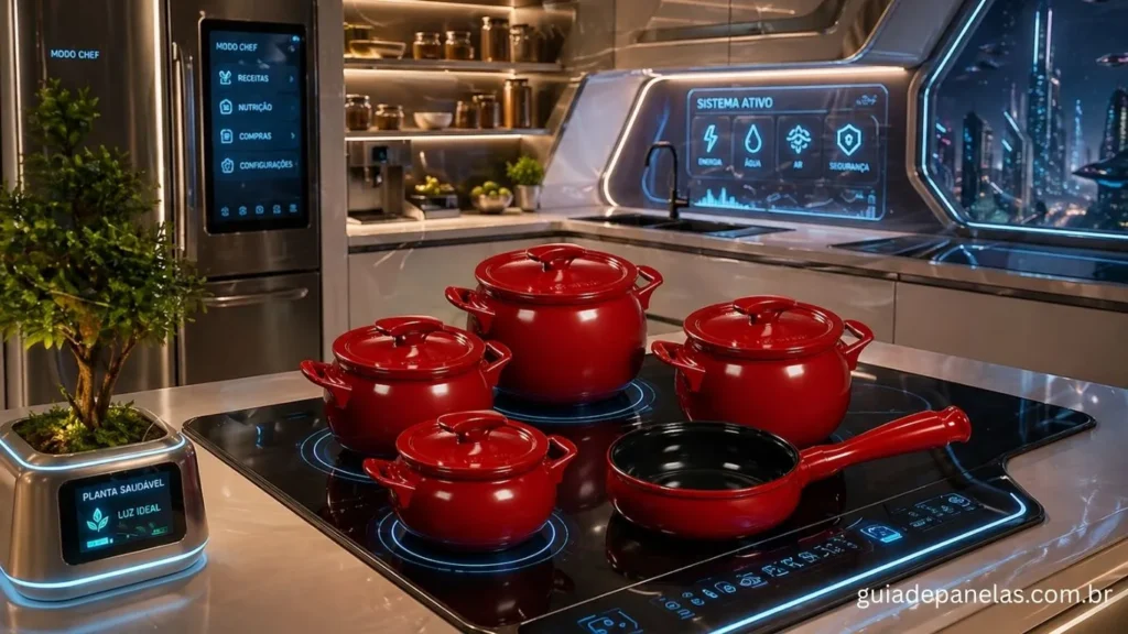 Conjunto de panelas vermelhas de cerâmica em cozinha futurista com fogão moderno e iluminação tecnológica