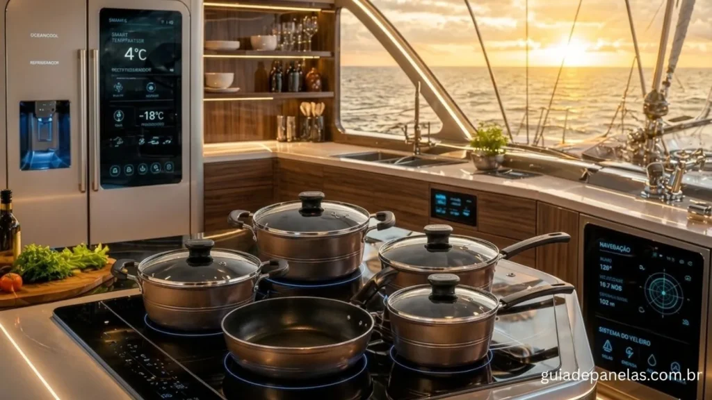 Panelas de cerâmica vermelhas em uma cozinha do futuro com design moderno e funcional