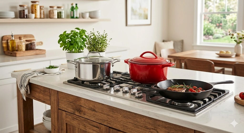 caçarola de cerâmica branca e uma panela de aço inox em uma bancada, representando as melhores panelas para cozinhar de forma saudável.