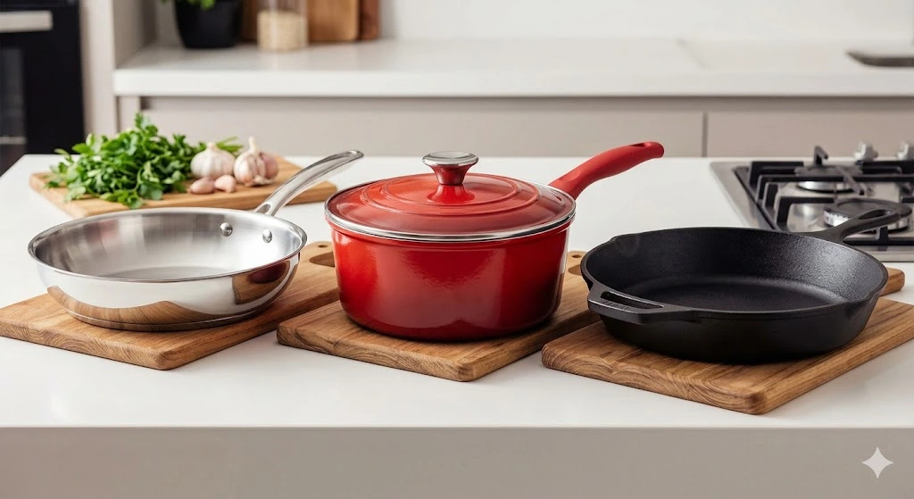 panelas: uma de aço inox brilhante, uma de cerâmica vermelha e uma de ferro fundido preta, lado a lado em uma cozinha.