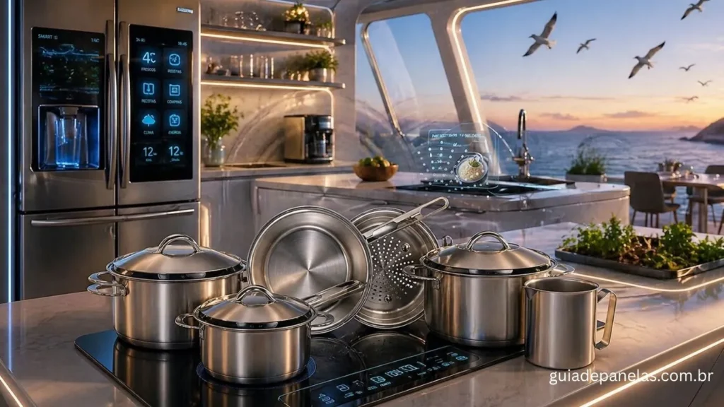 Panelas antiaderentes em cozinha de luxo dentro de veleiro com vista para o mar