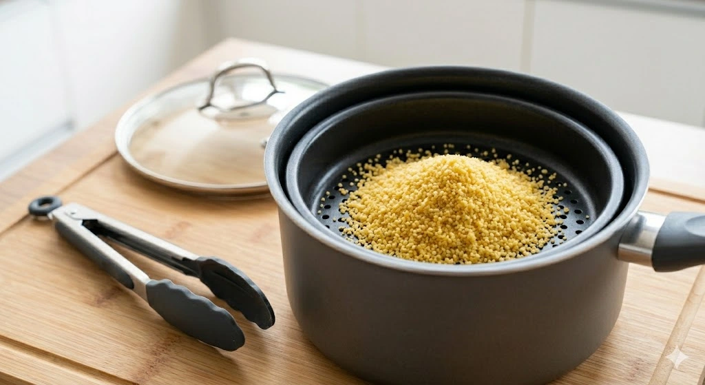 cuscuzeira antiaderente sende preparada para ir ao fogo