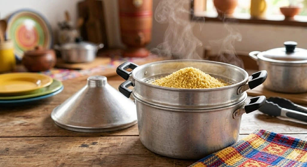 cuscuzeira de aluminio sendo usada em uma cozinha rustica.