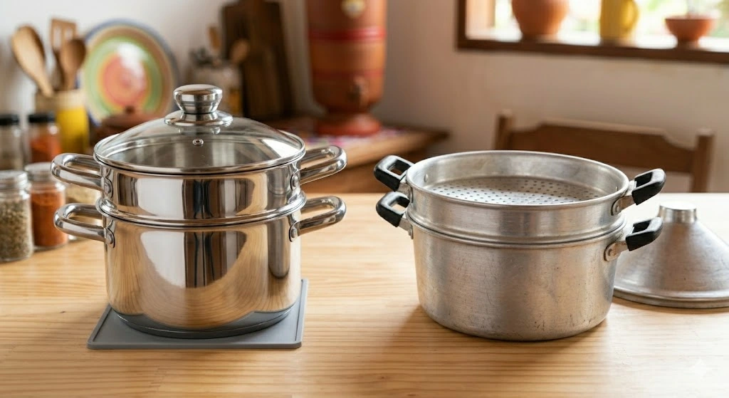 cuscuzeira de inox v cuscuzeira de alominio em uma cozinha moderna
