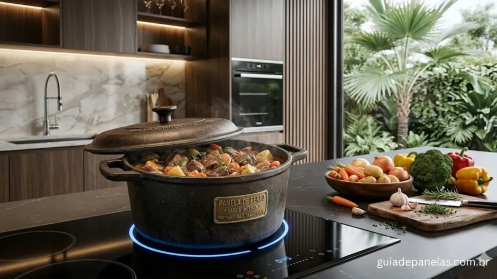 Panela de ferro fundido rústica e escura com placa de latão soltando vapor em cooktop de indução com luz azul, em cozinha moderna com vista para jardim de palmeiras.