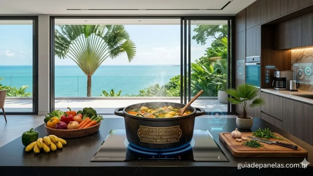 Panela de ferro fundido de fundo grosso soltando vapor sobre cooktop em cozinha de luxo com parede de vidro e vista para o oceano e palmeiras.