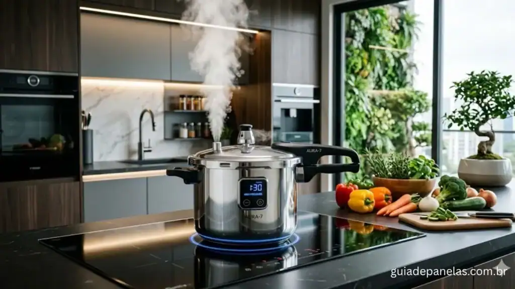 Close de uma panela de pressão elétrica reluzente de aço inoxidável soltando vapor em um fogão de indução em uma cozinha moderna com legumes e bonsais.