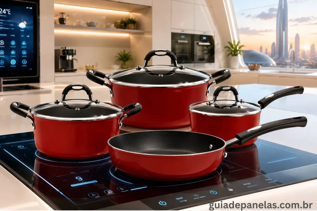 Panela vermelha da linha Tramontina Mônaco Induction com fundo magnético de aço inox, tampa de vidro temperado e cabo de silicone.