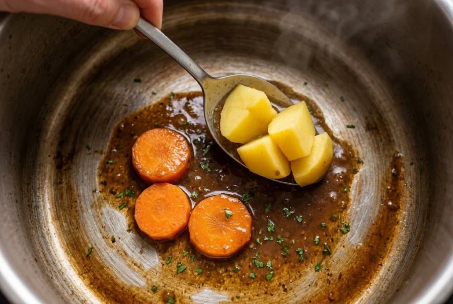 Pedaços de batata e rodelas de cenoura sendo adicionados ao molho de carne na panela.
