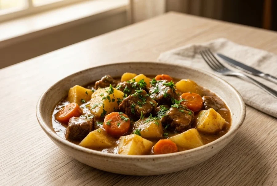 Travessa com carne de panela em cubos, batatas e cenouras ao molho encorpado polvilhada com salsa.