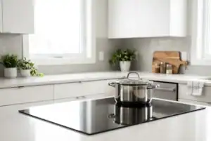 Panela de inox posicionada sobre um cooktop de indução em uma cozinha moderna.