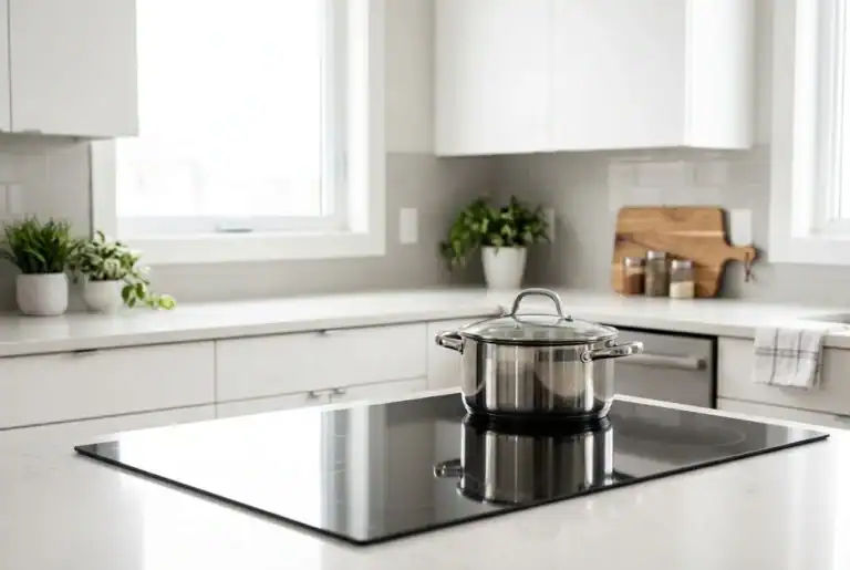 Panela de inox posicionada sobre um cooktop de indução em uma cozinha moderna.