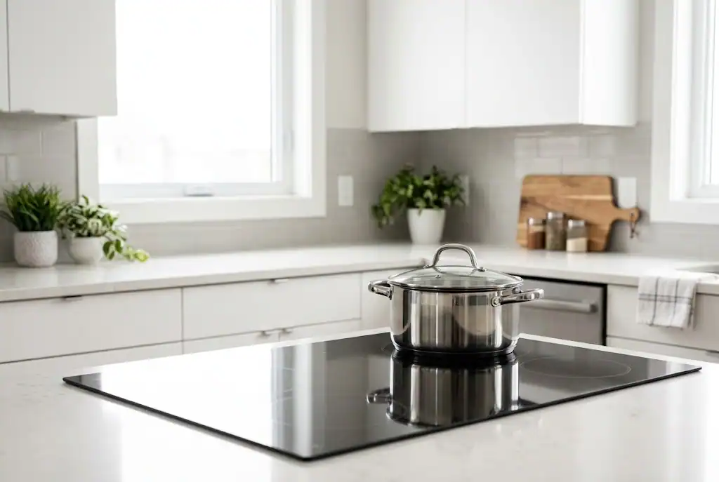 Panela de inox posicionada sobre um cooktop de indução em uma cozinha moderna.