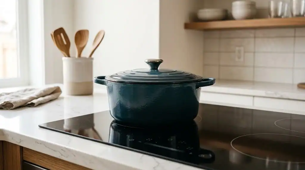 Caçarola de ferro com fundo plano sobre cooktop de indução em funcionamento.