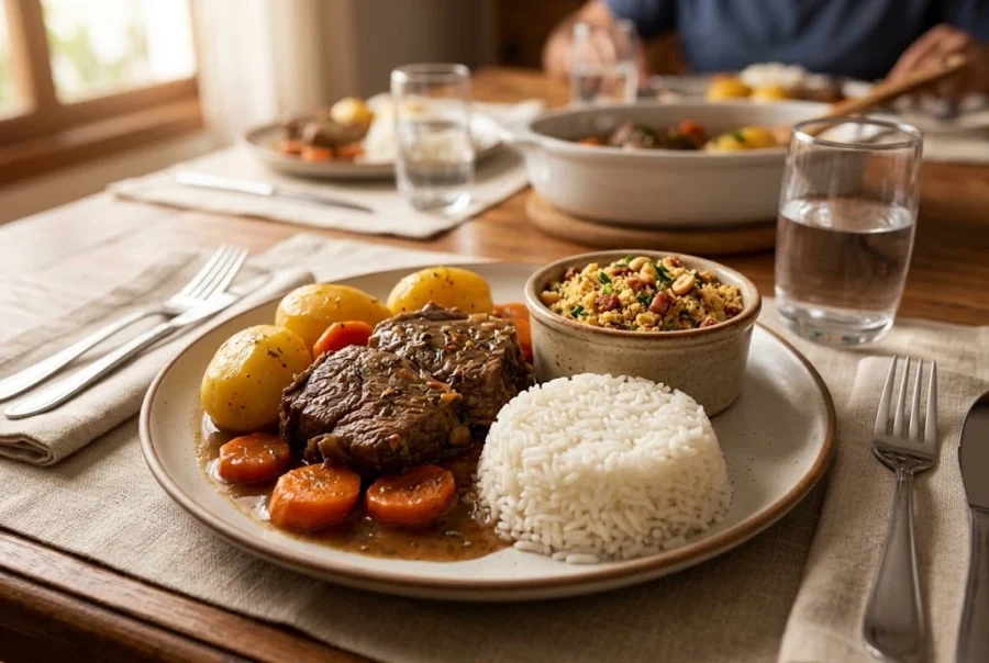 Prato de almoço servido com carne de panela, batatas, cenouras, arroz branco e farofa.