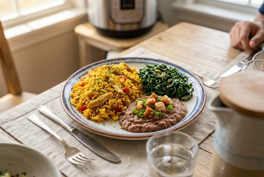 Prato de almoço servido com arroz com frango caipira, couve refogada e tutu de feijão.
