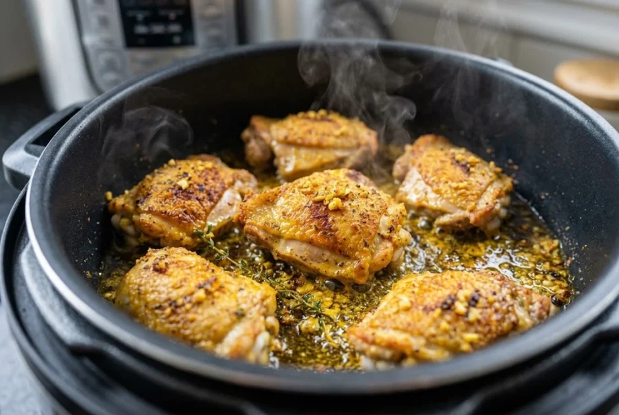Pedaços de frango caipira sendo selados e dourados na cuba da panela Master Cooker.